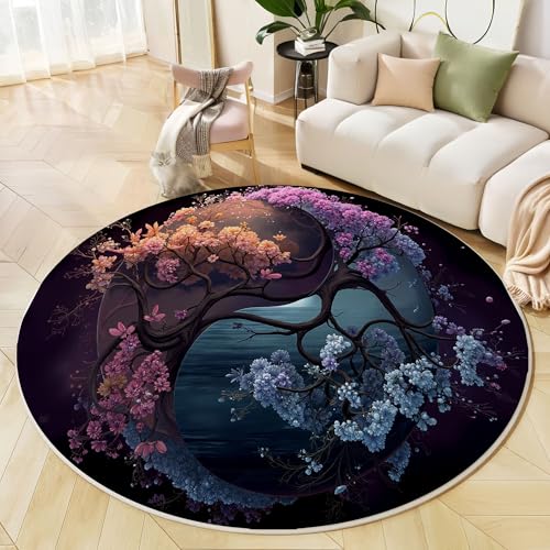 Yin Yang Tree of Life Area Rug 2Ft X 2Ft Round Washable Bedroom Non-Slip Fantasy Plant Entryway Throw Low-Pile Indoor Boho Small Circular Carpet for Living Room Foyer, Pink Orange