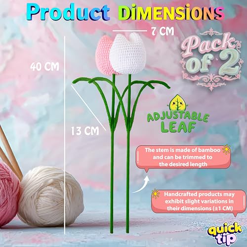 Image of Tulip Crochet Flowers | Handcrafted Artificial Faux Woolen Flower with Long Stem | Natural Looking Knitted Flower for Home, Living Room, Vase & Bouquet Decoration & Gifting | White & Baby Pink