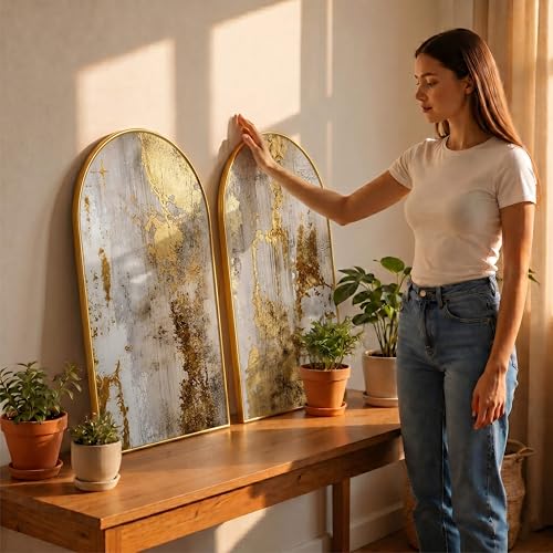 Image of Livin'luxe Set of 2 Abstract Wall Painting for Living Room, Gold Texture Modern Artwork, PVC Golden Frame, Arch Shape Wall Decor for Bedroom, Hall, Office & Gift (30 x 32 Inch) RPNL-02-111