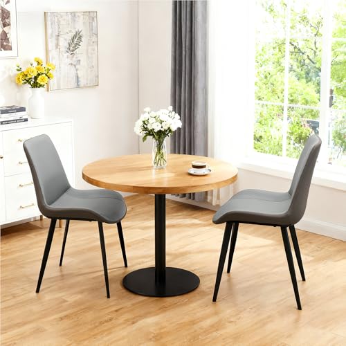 Image of Modern Dining Chairs Set of 2, PU Leather Dining Room Chairs, Upholstered Kitchen Chairs with Ergonomic Backrest & Sturdy Metal Legs, Two-Tone Design in Light Grey & Dark Grey