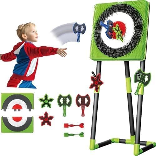 3-in-1 Axe Throwing and Lawn Dart Game Set, Safe, Foldable, Sturdy Metal Frame, Includes 2 Axes, 2 Six-Star, 2 Darts, for Indoor and Outdoor Fun for Family and Kids(Green)