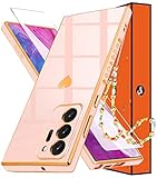 Shorogyt (3in1) Heart Case for Samsung Galaxy Note 20 Ultra 5G/4G 6.9 Inch Women Cute Aesthetic Love Hearts Pattern Girls Pink Gold Luxury Girly Design Phone Cases Cover+Screen+Chain for Note20 Ultra