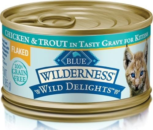 Image of Blue Buffalo Wilderness Flaked Chicken & Trout Wet Kitten Food, 3 oz, 24 ct | High Protein, Wild Delights in Tasty Gravy, Grain-Free Recipe, with DHA for Cognitive Development