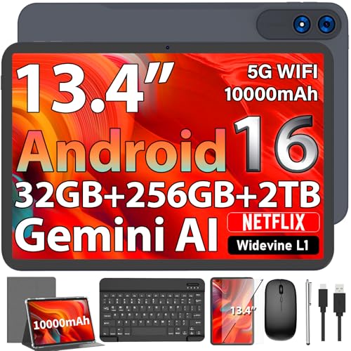 Image of 13 Inch Tablet, 2026 Android 16 Tablet with Keyboard, 32GB+256GB+2TB Expand, Gemini AI Tablets PC with 8-Core, 10000mAh, 120Hz 1920x1200 Display, 2 in 1 Large Tablets with Case, Mouse, Stylus(Silver)