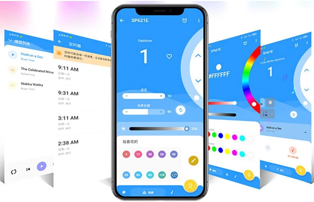 Smartphone app interface for SP621E controller showing timer and favorite effects