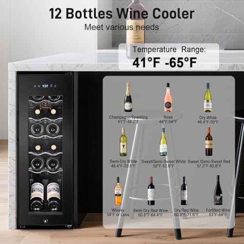 Image of Tylza 12 Bottles Wine Fridge, Wine Cellar with Powerful Compressor, LED Touchscreen, Low-E Tempered Glass Door, Lock, Wine Cooler Refrigerator for Red, White, Champagne or Sparkling Wine, Black