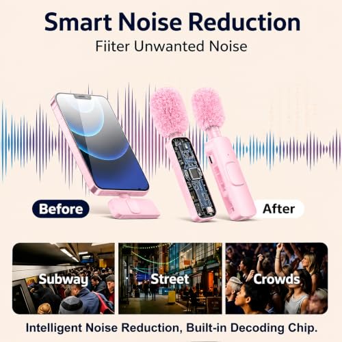 Image of Wireless Lavalier Microphone for iPhone Android, 2Pcs Pink Mic, Plug & Play