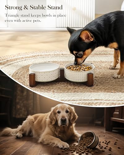 Image of MALACASA Dog Bowl Set, Ceramic Bowls with Walnut Wood Stand, 2 Cups