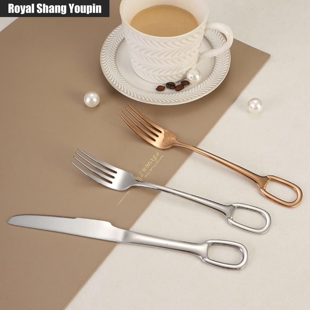Cucina Circolare Appeso Foro Manico Acciaio Inox Argenteria Stoviglie Posate Set Bistecca Coltello Forchetta Cucchiaio Tè (Oro rosa,12 pezzi)
