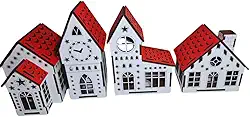 Conjunto de 4 Casinhas de Natal Decorativas com Velas LED – Iluminação Natalina para Mesa, Prateleira ou Árvore – Decoração de Natal Artesanal com Detalhes em MDF e Telhados Vermelhos – Casinhas