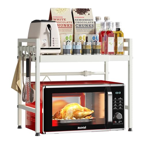 Mointal Soporte Extensible para Microondas, Repisa para Microondas 2 Niveles, Estante de Microondas Acero al Carbono, Organizador de Almacenaje de Cocina Ajustable con 8 Ganchos, Blanco