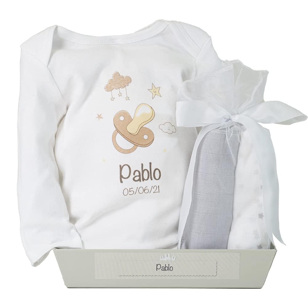 Panier Cadeau Nouveau-né - Body Personnalisé Bébé (6-12 mois) et Ensemble de 2 Mouselines en Coton -Gris | BebeDeParis