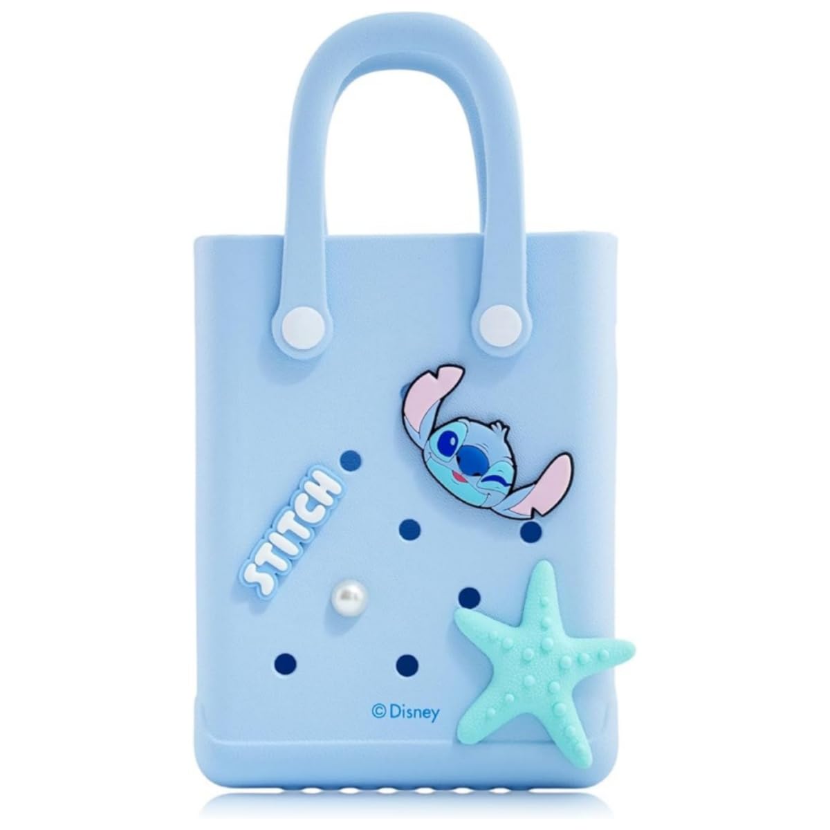 MINISO Disney Lilo & Stitch Series EVA Tote Bag, Light Blue, Stitch Character Theme, Decorative Starfish and Pearl Accents