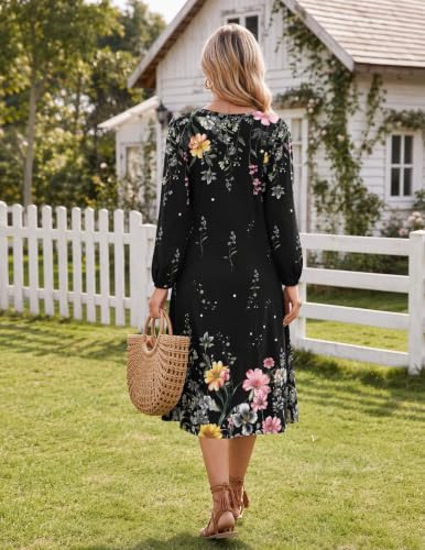 Image of Zeagoo Fall Dresses for Women Long Sleeve Midi Dress Casual A Line Dresses 2026 Pleated Flare Dress with Pockets