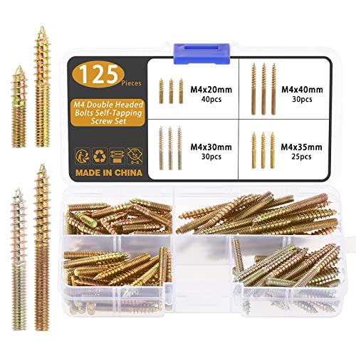 Gueenky 125 Pièces Vis à Double Filetage, M4 x 20/30/35/40mm Vis à Double Tête Autotaraudeuse Vis Double Filetage Bois pour Meubles en Bois à Fixation