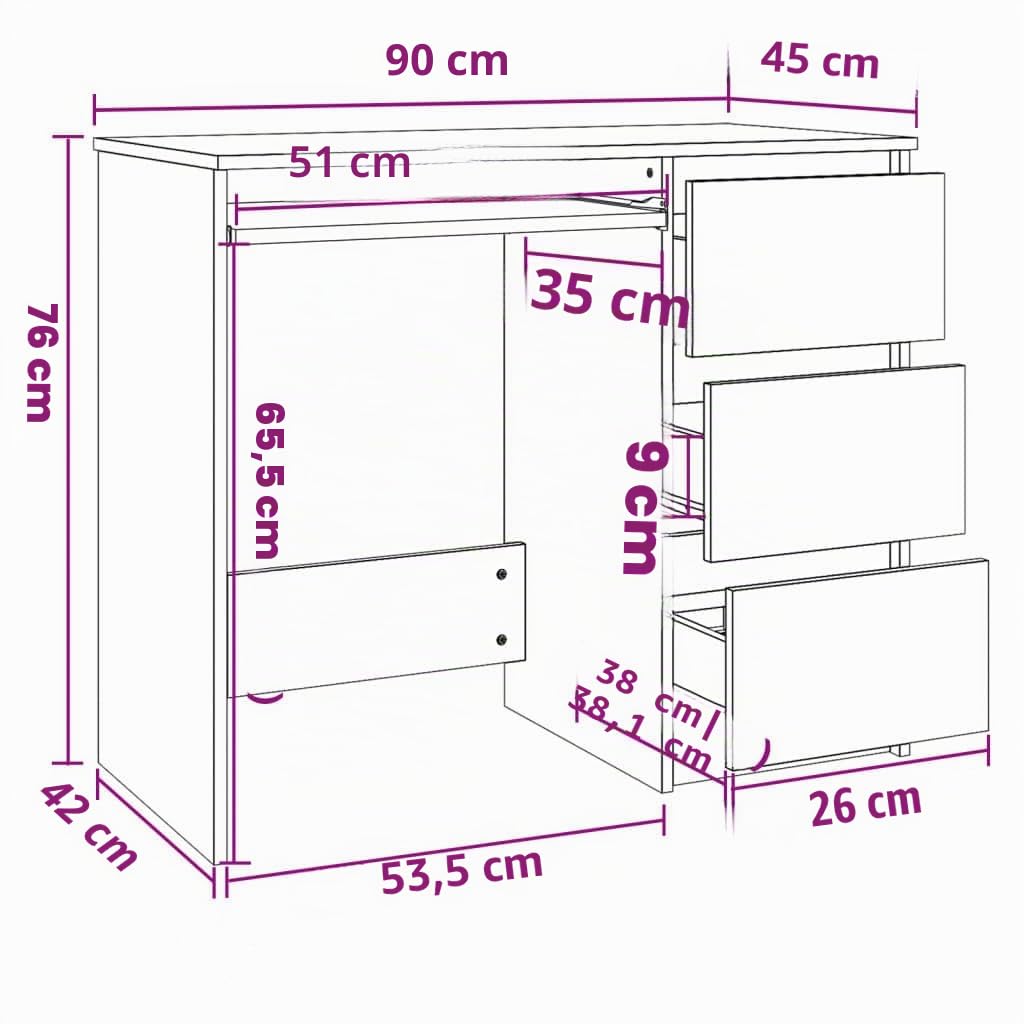 vidaXL Bureau à 3 tiroirs en matériau dérivé du Bois Blanc 90 x 45 x 76 cm