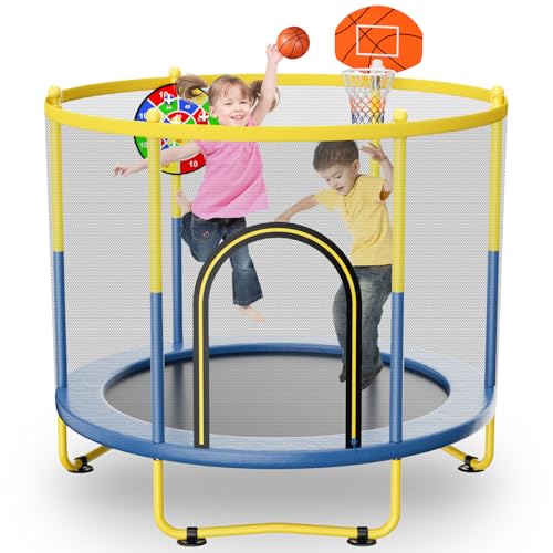 6FT Indoor Trampoline for Kids Ages 1-8, 72' Mini Toddler Indoor & Outdoor Trampoline with Safety Enclosure Net, Basketball Hoop & Dart Board, Birthday Gifts for Boys & Girls, Baby Toddler