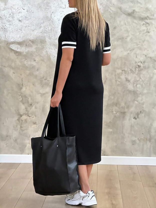 Image of Women's V-Neck Sporty T-Shirt Dress | Stylish Striped Sleeve One Piece for Women | Casual Summer Knee Length Short Dress | Trendy Beach & Resort Wear Western Dress (26 D-1-3)