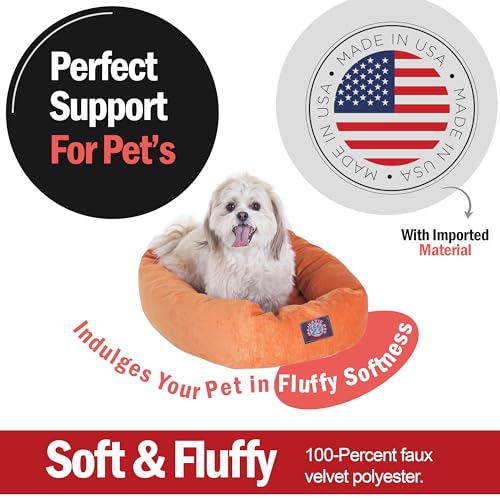 Image of Majestic Pet 24 Inch Micro Velvet Calming Dog Bed Washable - Cozy Soft Round Dog Bed with Spine for Head Support - Fluffy Donut Puppy Mat 24x19x7 (inch) Small - Orange
