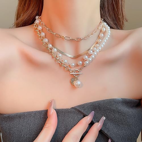 4 Pcs Layered Gold Necklace For Women Trendy Adjustable Chunky Pearl Stacked Choker Necklaces Charm Multilaye Paperclip Chain Necklace Set For Beach Jewelry4