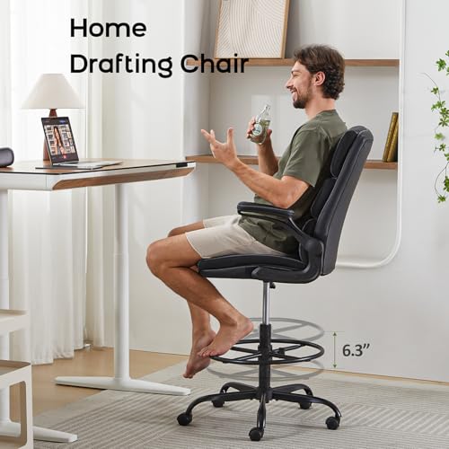 Image of Drafting Chair Tall Office Chair with Padded Flip-up Armrests Executive Ergonomic Computer Standing Desk Chair with Comfortable Leather Backrest and Adjustable Footrest Ring (Black)