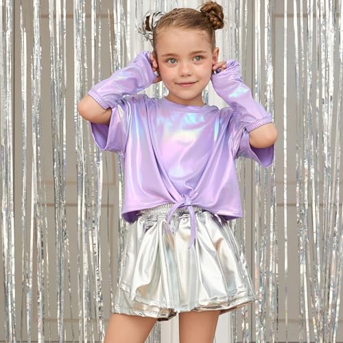 Image of Perfashion Girls Metallic Shirts Shiny Tie Front Knot Crop Top with Arm Sleeves for Dancing Raves Festivals 4-15 Years