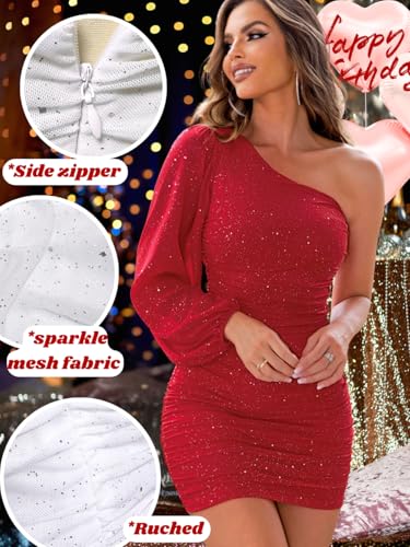Image of ShawGobow Sparkly Outfits for Women,One Shoulder Ruched Bodycon Short Prom Dress,Sexy Dresses Cocktail Homecoming Nye