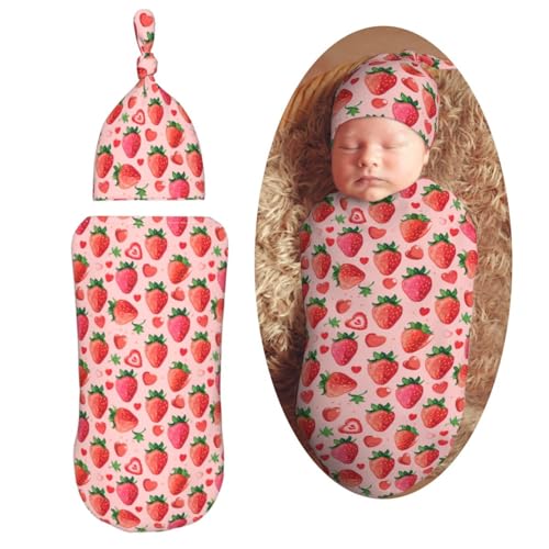 Image of Strawberries and Red Hearts Newborn Swaddle Blankets Hat Sets Soft Baby Receiving Blanket Swaddle Sack for Baby Shower Infant Boy Girl Gift