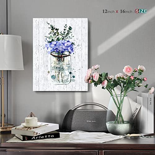 Bathroom Decor Canvas Wall Art Blue Purple Flower Bouquet In Vase Love Theme Floral Picture Framed Botanical Print For Bedroom Kitchen Farmhouse Rustic Wooden Board Painting Artwork 12X16Inch #TOP3