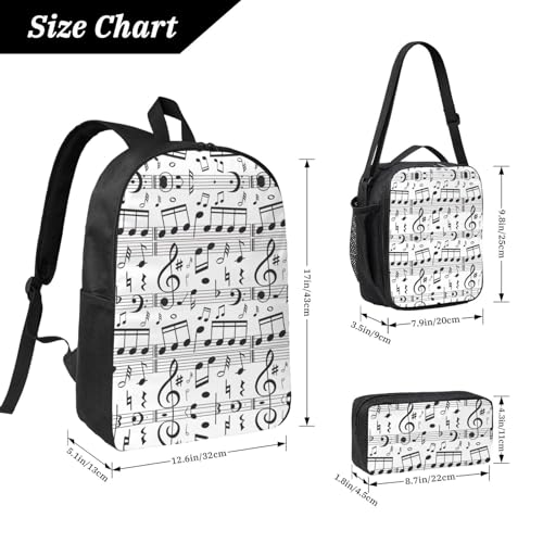 Music Note print Shoulder Bookbags Lunch Bag and Pen Case 17 inches Backpack with Lunch Box, Cute Bookbag Set4
