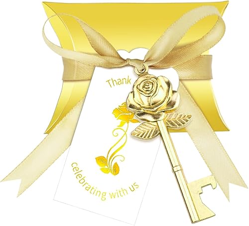 Evanto Juego de 50 abridores de botellas con forma de rosa con cajas de regalo en estilo vintage antiguo, etiquetas de agradecimiento y cintas como