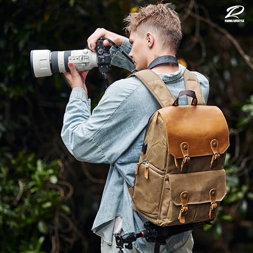Padwa Lifestyle Khaki Camera Backpack - Waxed Memory Canvas Camera Bag, Multi DSLR SLR Large Camera Backpacks for Photographers with 16” Laptop & Lens Compartment and Tripod Holder & Weather Resistant2