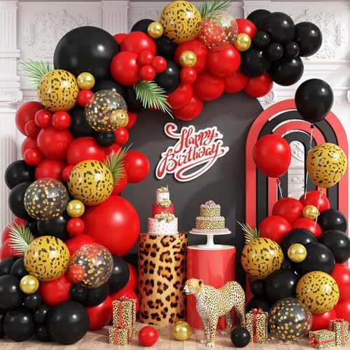Kit arche ballons guépard sauvage noir rouge pour décoration safari jungle