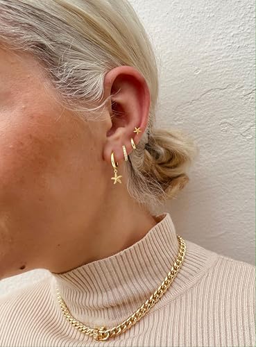 Image of Small Gold Huggie Hoop Earrings Set for Women Men Hypoallergenic 14K Plated Stack Cartilage Earrings, Sterling Silver Multiple Piercing Lightweight Mini Thin Cute Dainty Trendy Jewelry Gifts for Women