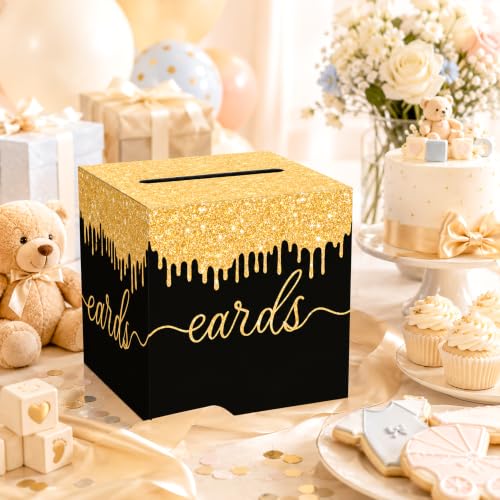 Image of Black and Gold Wedding Card Box with Slot for Reception and Bridal Shower