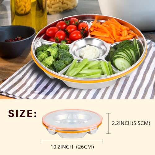 Motith Divided Serving Tray With Lid - Snack Tray With Lid Vegetable Tray With Lid Stainless Steel 6 Compartments 10Inch 60Oz For Christmas Party Platter Snackle Box Container Fruit Trays Veggie Tray thumb #5
