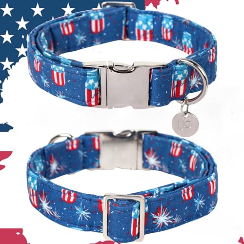 Image of 4th of July Dog Collar, Patriotic Dog Collar, American Flag Collars for Puppy Boy Girl Dogs or Cat, Comfortable Summer Collars with Metal Buckle, L
