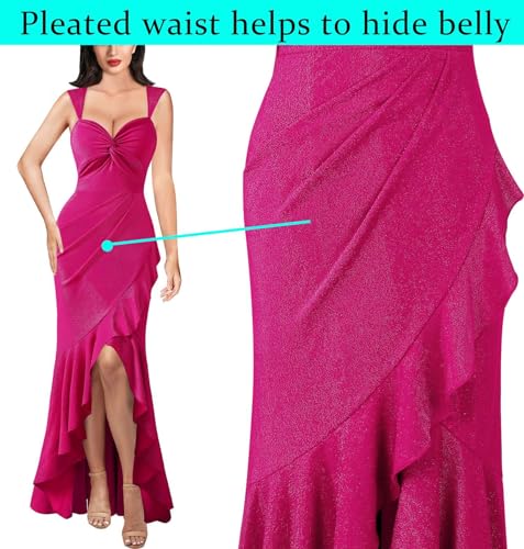 Image of VFSHOW Womens Glitter Sweetheart V Neck Twist Front Backless Ruched Ruffle Slit Formal Evening Gown Maxi Dress