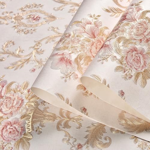 Farrich 3D Embossed Floral Peel and Stick Wallpaper Vintage Colorful Rustic Flower Damask Wall Paper Self Adhesive Decorative Wall Paper for Bedroom Pink 20.8' x 118'