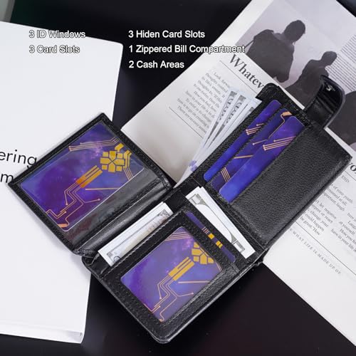Durable PU Leather Bifold Wallet for Men – Stylish RFID Blocking with 2 Fold-Out ID Windows, Zippered Bill Compartment & Multi Card Slots – Slim Travel Wallet3