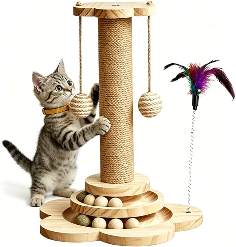 KHALOR Cat Scratching Post for Kittens, 4 in 1 Wooden Cat Scratcher Toy, 17.7' Tall Scratch Post with 2 Level Cat Track Balls, Interactive Feather Toy and 2 Sisal Hanging Balls for Indoor Kittens