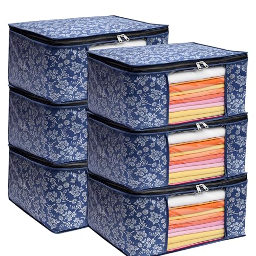 Image of Flower Printed Saree Covers for Cloth Storage & Wardrobe | Transparent Window, Zipper Closure | Blue | Pack of 6 | Dustproof, Breathable, Travel & Home Use