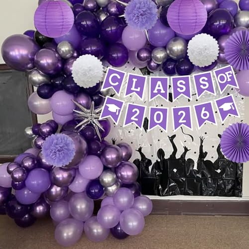 Image of Purple White Graduation Party Decoration Class Banner Hanging Pom Poms Flowers High School College Grad Supplies