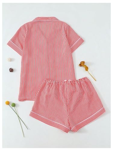 Image of BEAUDRM Women's Two Piece Pajama Sets Allover Print Short Sleeve Sleepwear Button Down Shirt and Bow Shorts Pj Set Loungewear