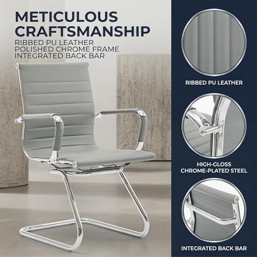 Image of HNY Leather Office Guest Chairs & Reception Chairs Set of 8, Modern Waiting Room Chairs with Arms, Desk Chair no Wheels with Sled Base for Waiting Room /Conference Room, Grey
