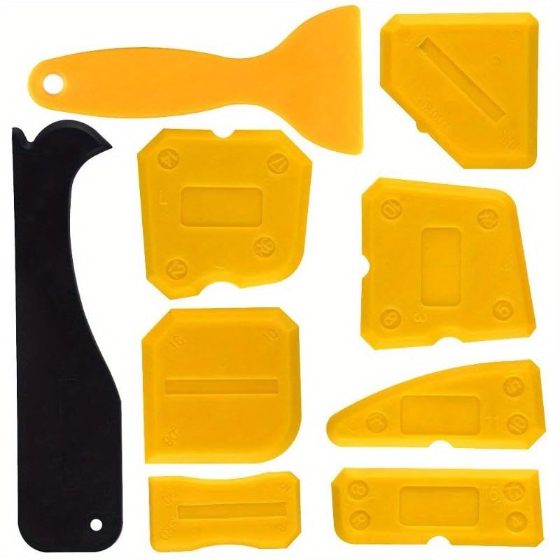 9PCS Silicone Caulking Tool Kit, Caulk Scraper & Finisher Set for Removing Old Caulk, Smoothing Sealant, Grout Cleaning & Tile Grouting (Yellow & Black)
