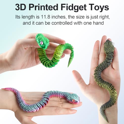 ATESSON 3D Printed Animals,3D Printed Snake Flexible Joints 11.8\" 3D Snake,3D Printed Toys,Home Office Classroom Decor Executive Desk 3D Printed Fidget Toys (1 Piece Yellow Green)