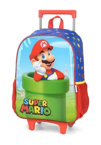 Mochila Infantil com Rodinha, Super Mario Bros, G, Vermelha, Luxcel