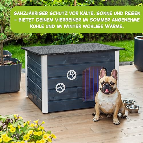 Outentin Hundehütte Outdoor Winterfest - Hundehaus für Mittelgroße Hund - Isoliert und Wetterfest - Hunde Haus für Draußen mit zum Öffnen Flachdach - Stabile und Moderne Villa - 76 x 60 x 60cm -Eiche