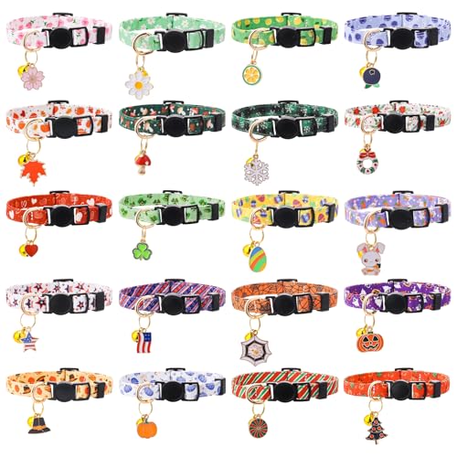 20 Pcs Holiday Cat Collars 4th of July Cat Collars with Bell Adjustable Breakaway Kitten Collar with Plastic Buckle for Holiday Pet Cat Costume Multicolor